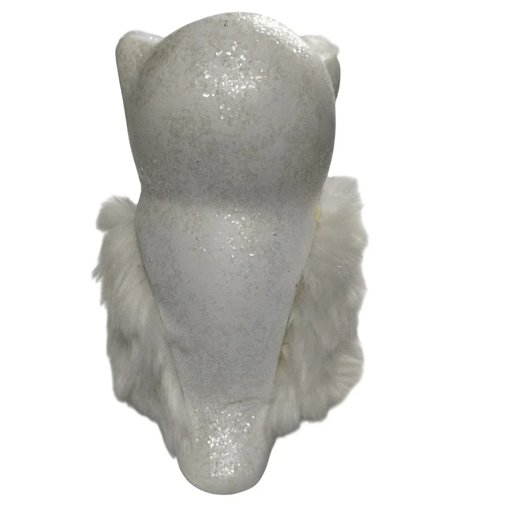 White Winter Owl Figurine with Faux Fur Wings‎ Farmhouse Woodland Decor